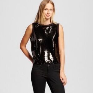 Who What Wear NWT Black Sequin Sleeveless Top Sz Med Raw Shear Edges